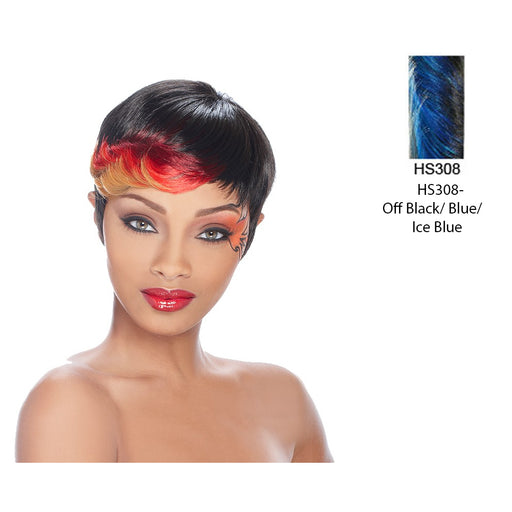 Anni Synthetic Feather Wig,Off Black base with accented highlights of Blue blending to Ice Blue ends