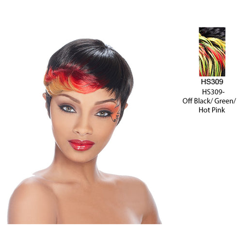 Anni Synthetic Feather Wig,Off Black base with accented highlights of Green on top and Hot Pink underneath