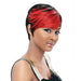 Anni Synthetic Feather Wig,Off Black base with accented highlights of Burgundy with Red tips on top and Apricot underneath