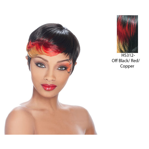 Anni Synthetic Feather Wig,Off Black base with accented highlights of Red on top and Copper underneath