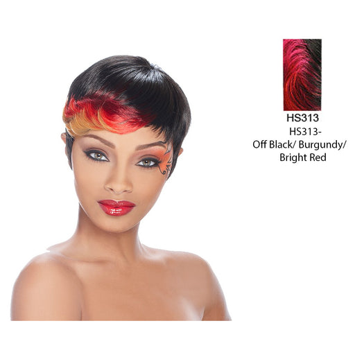 Anni Synthetic Feather Wig,Off Black base with accented highlights of Burgundy blending into Bright Red ends
