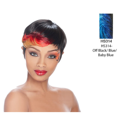 Anni Synthetic Feather Wig,Off Black base with accented highlights of Blue blending to Baby Blue ends