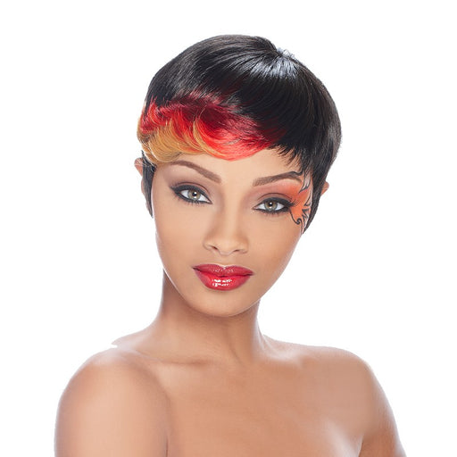 Anni Synthetic Feather Wig,Off Black Base With Bright Red Accented Highlights