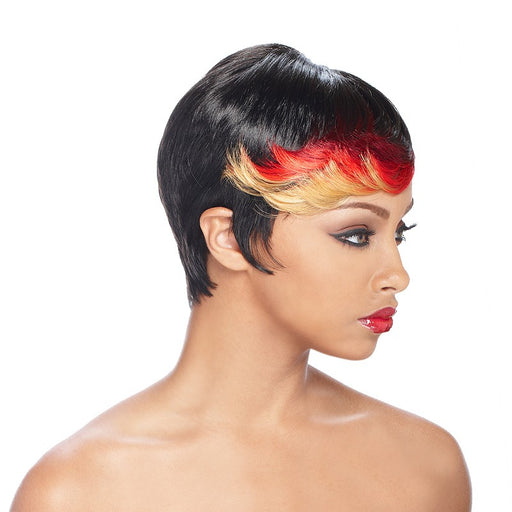 Anni Synthetic Feather Wig,Off Black Base With Bright Red Accented Highlights
