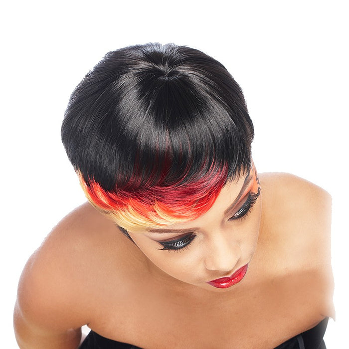 Anni Synthetic Feather Wig,Off Black Base With Bright Red Accented Highlights