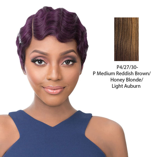 100% Human Hair Full Wig Side Lace Part,Streaked blend of medium brown, strawberry blonde, and light auburn