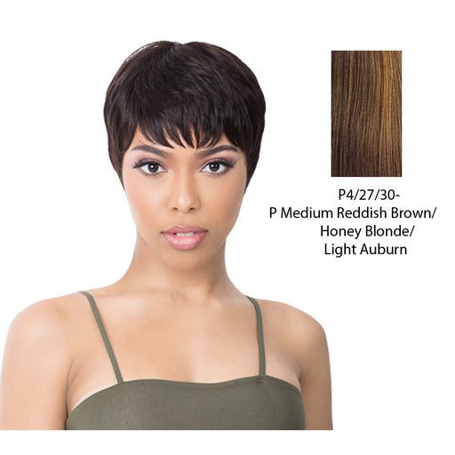 Human Hair Wig,Streaked blend of medium brown, strawberry blonde, and light auburn
