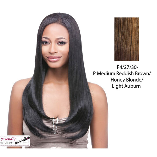100% Synthetic Clip On J Curl, 18",Streaked blend of medium brown, strawberry blonde, and light auburn