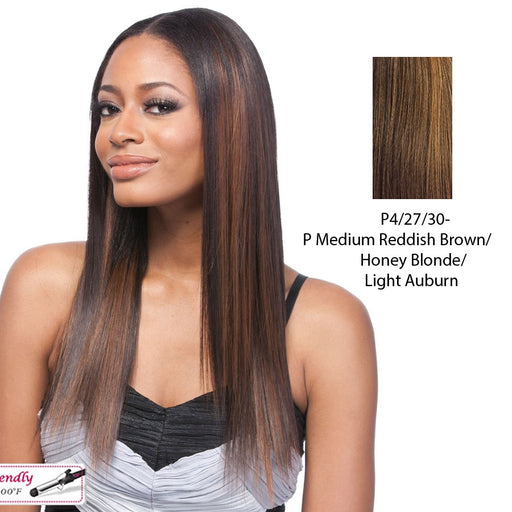 14" Yaki Straight Synthetic Clip On Extensions,Streaked blend of medium brown, strawberry blonde, and light auburn