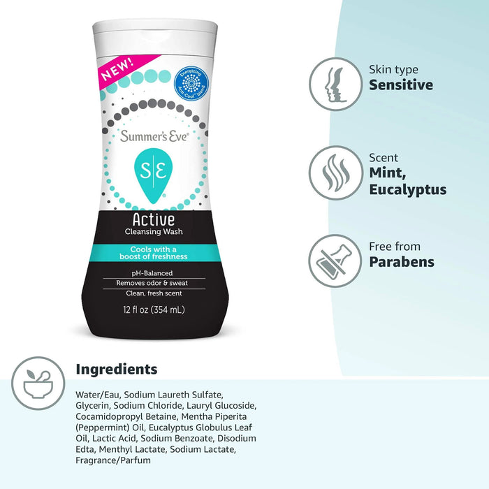 Summers Eve Cleansing Wash, Active Cool, 12 oz