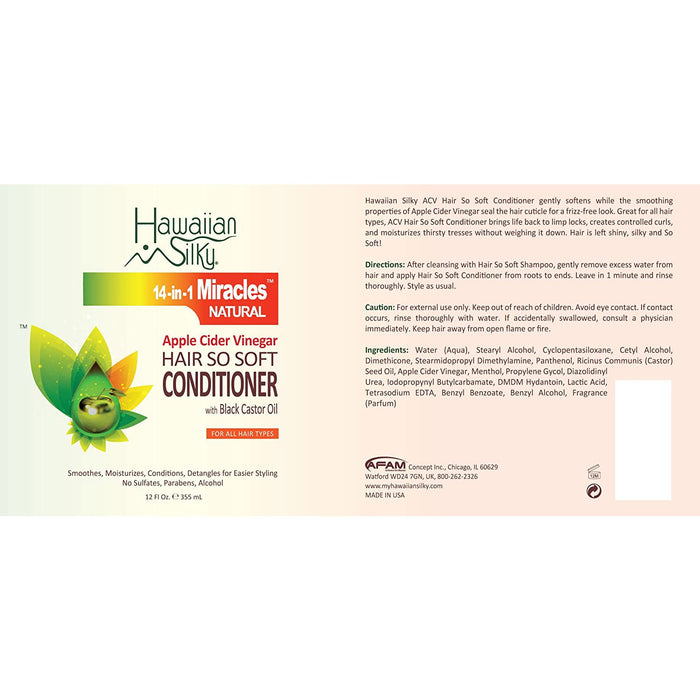 Hawaiian Silky 14 In 1 Miracles Natural Apple Cider Vinegar Hair So Soft Conditioner 12 Oz.
