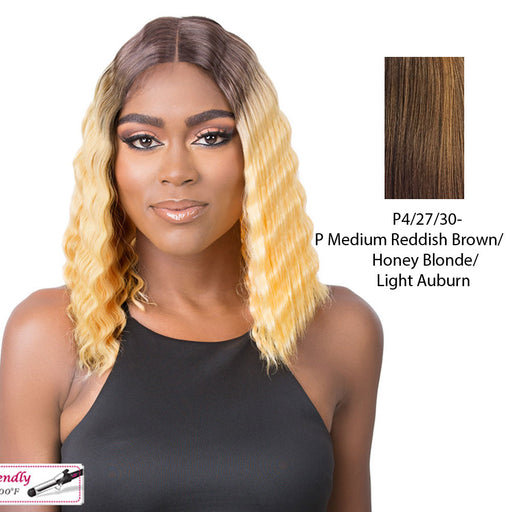 Synthetic Hd Lace Crimped Hair 2,Streaked blend of medium brown, strawberry blonde, and light auburn