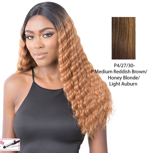 Synthetic Hd Lace Crimped Hair 3,Streaked blend of medium brown, strawberry blonde, and light auburn