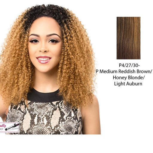Synthetic Half Wig Asta,Streaked blend of medium brown, strawberry blonde, and light auburn