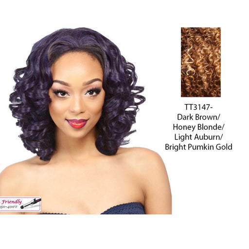 Synthetic Futura Half Wig Barika,Mix of dark brown, strawberry blonde, light auburn, and bright pumpkin gold