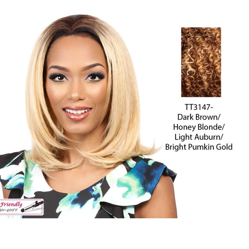 Synthetic Futura Half Wig Coloma,Mix of dark brown, strawberry blonde, light auburn, and bright pumpkin gold