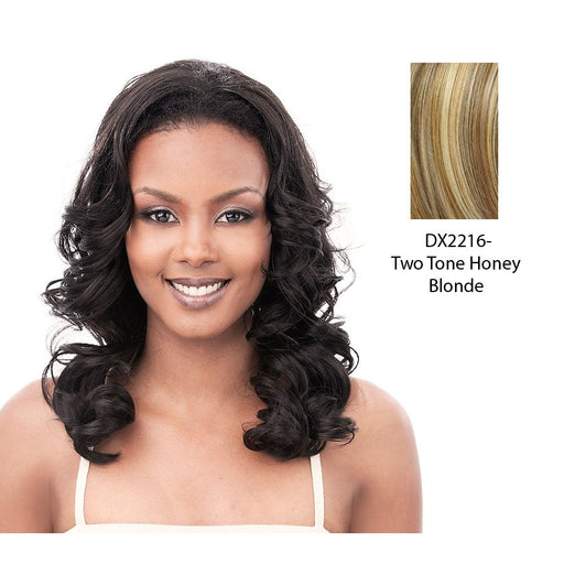 Heat Resistant Synthetic Curable/Curly Half Wig (Isabel),Two tone frost blend of strawberry blonde layer over with honey blonde bottom