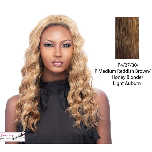 Iron Friendly Synthetic Wavy Half Wig Jasmine,Streaked blend of medium brown, strawberry blonde, and light auburn