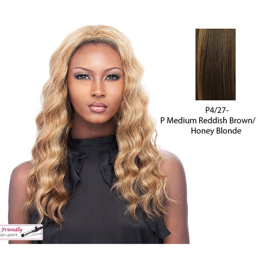 Iron Friendly Synthetic Wavy Half Wig Jasmine,Medium brown base with strawberry blonde highlights
