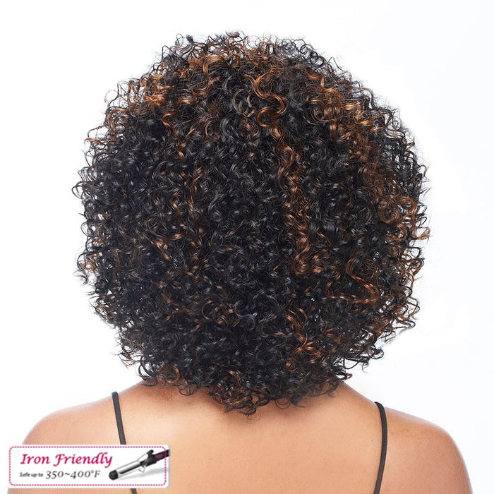 Deep Curly Futura Synthetic High Heat Resistant Half Wig Natasha,Off black base with light auburn highlights