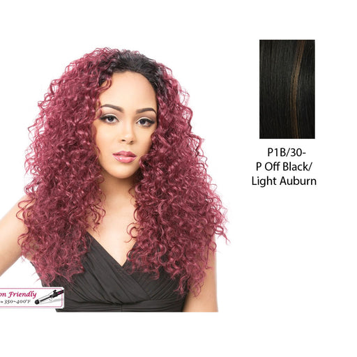 Premium Synthetic Hair Half Wig Long Curly Novia,Off black base with light auburn highlights