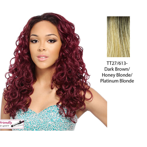 Iron Friendly Half Wig Stacy,Dark brown roots with a blended mix of strawberry blonde and platinum blonde