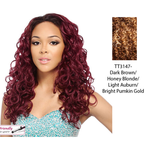Iron Friendly Half Wig Stacy,Mix of dark brown, strawberry blonde, light auburn, and bright pumpkin gold