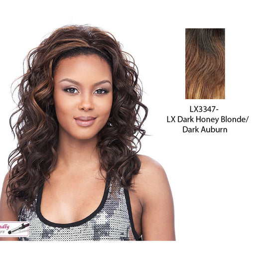 Half Wig Regina Medium To Big Curls Half Wig Iron Friendly,Two tone frost blend of dark auburn layer over dark honey blonde bottom