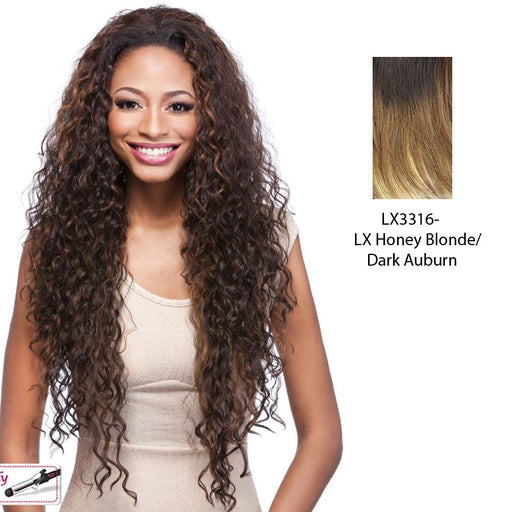 Synthetic Hair Half Wig Long Layered Curly Vantage,Two tone frost blend of dark auburn layer over honey blonde bottom
