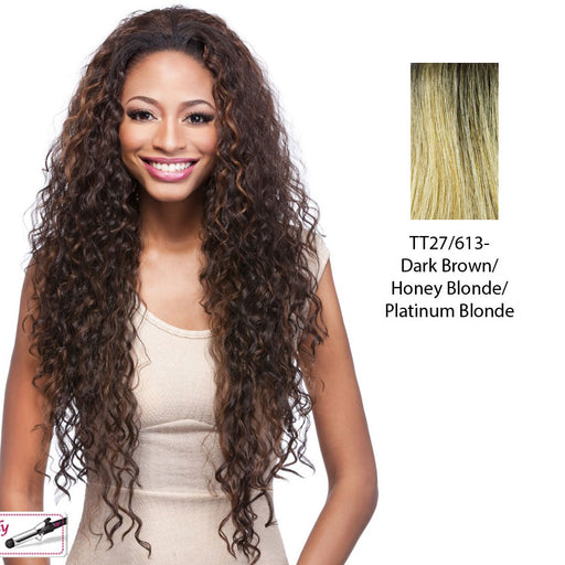 Synthetic Hair Half Wig Long Layered Curly Vantage,Dark brown roots with a blended mix of strawberry blonde and platinum blonde