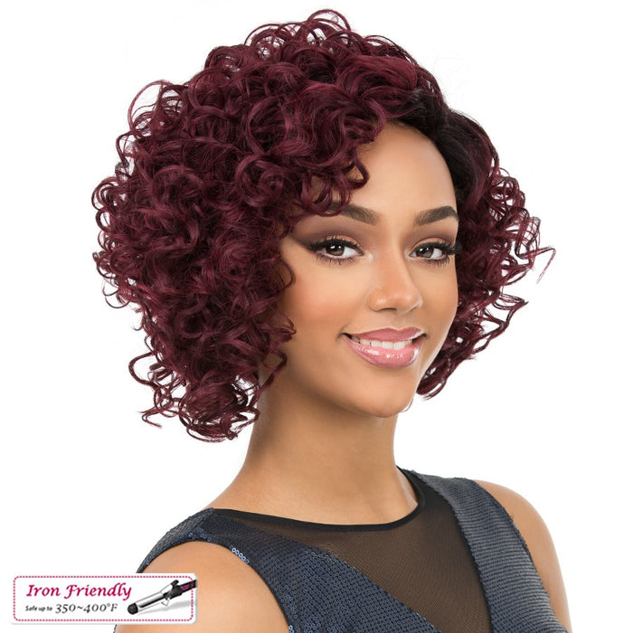 Synthetic Fibers, Short Curly Wave Bob Style Side Part Full Wigs,Burgundy