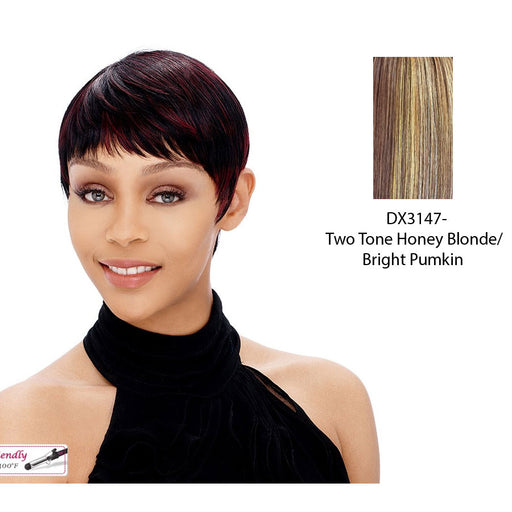 Synthetic Short Layered Pixie Cut Style Full Cap Wig Bebe,Two tone frost blend of strawberry blonde and bright pumpkin layer over gold light auburn bottom
