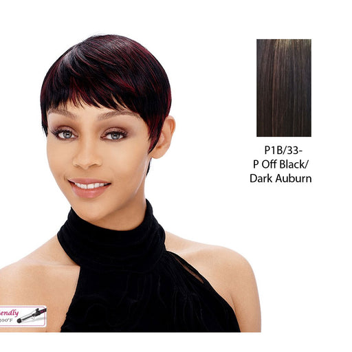 Synthetic Short Layered Pixie Cut Style Full Cap Wig Bebe,Off black base with dark auburn highlights