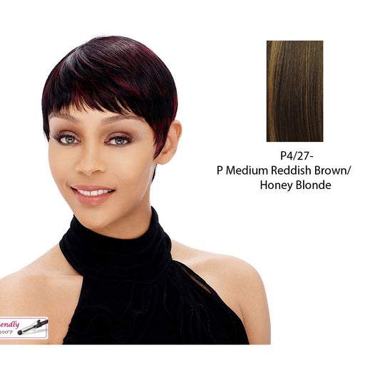 Synthetic Short Layered Pixie Cut Style Full Cap Wig Bebe,Medium brown base with strawberry blonde highlights