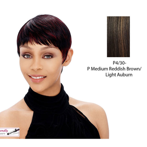 Synthetic Short Layered Pixie Cut Style Full Cap Wig Bebe,Medium brown base with light auburn highlights