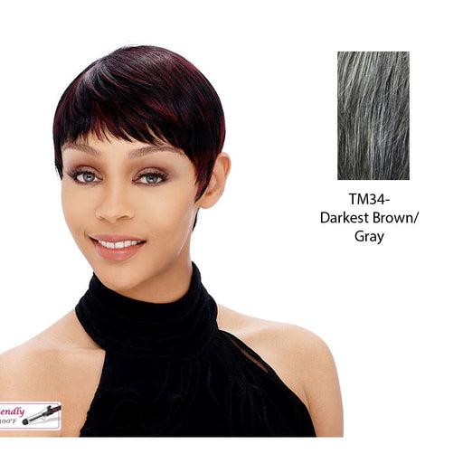 Synthetic Short Layered Pixie Cut Style Full Cap Wig Bebe,Two tone mix of darkest brown with 5% gray roots with gray tips