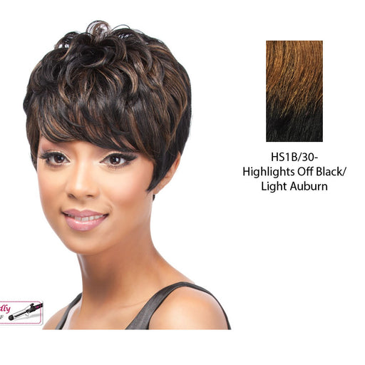 Benni Synthetic Bob Style Short Length Wig Iron Friendly,Off black base with light auburn accented highlights