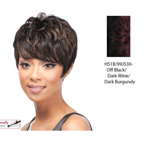 Benni Synthetic Bob Style Short Length Wig Iron Friendly,Off black base with a blend of dark wine and dark strawberry blonde