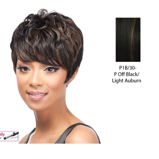 Benni Synthetic Bob Style Short Length Wig Iron Friendly,Off black base with light auburn highlights