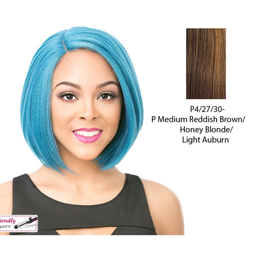 Big Shot Synthetic Bob Style Side Bang Short Length Wig Iron Friendly,Streaked blend of medium brown, strawberry blonde, and light auburn