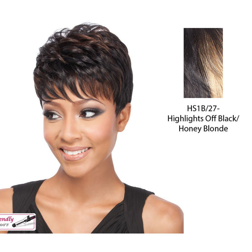 Brittan Heat Friendly Synthetic Wig,Off black base with strawberry blonde accented highlights