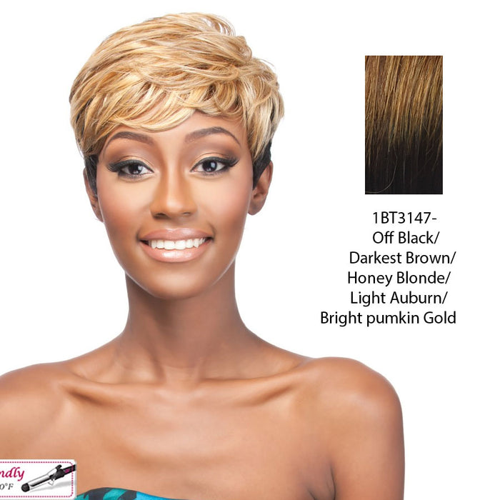 Synthetic Full Wig Elem,Off black roots tipped with a blend of darkest brown, strawberry blonde, light auburn, and bright pumpkin gold