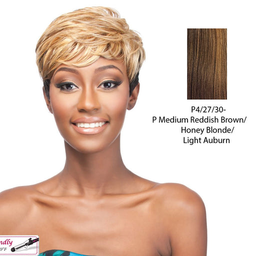 Synthetic Full Wig Elem,Streaked blend of medium brown, strawberry blonde, and light auburn