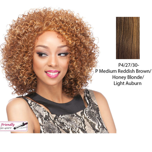 Synthetic Full Wig Fanny,Streaked blend of medium brown, strawberry blonde, and light auburn