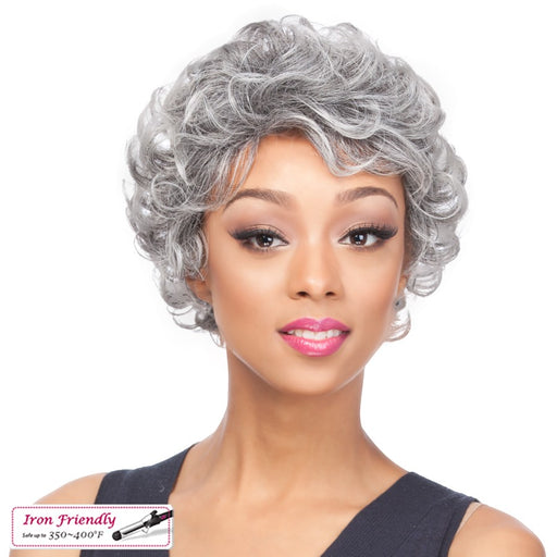 Heat Friendly Synthetic Wig Ianna,Two tone mix of off black with 80% gray roots and gray tips