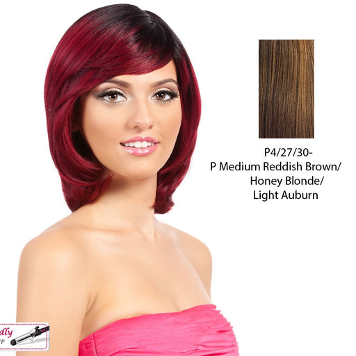Synthetic Futura Full Wig Orchid,Streaked blend of medium brown, strawberry blonde, and light auburn