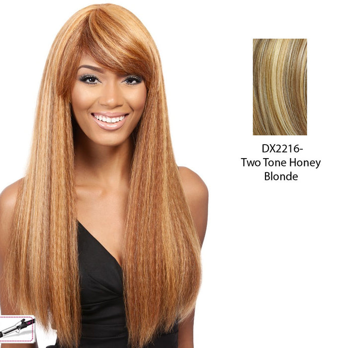 Taji Heat Friendly Synthetic Wig,Two tone frost blend of strawberry blonde layer over with honey blonde bottom