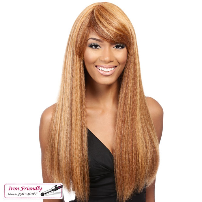 Taji Heat Friendly Synthetic Wig,Two tone frost blend of strawberry blonde and bright pumpkin layer over gold light auburn bottom