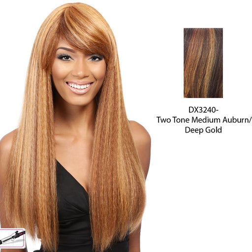 Taji Heat Friendly Synthetic Wig,Two tone frost blend of medium auburn and deep gold layer over medium auburn bottom