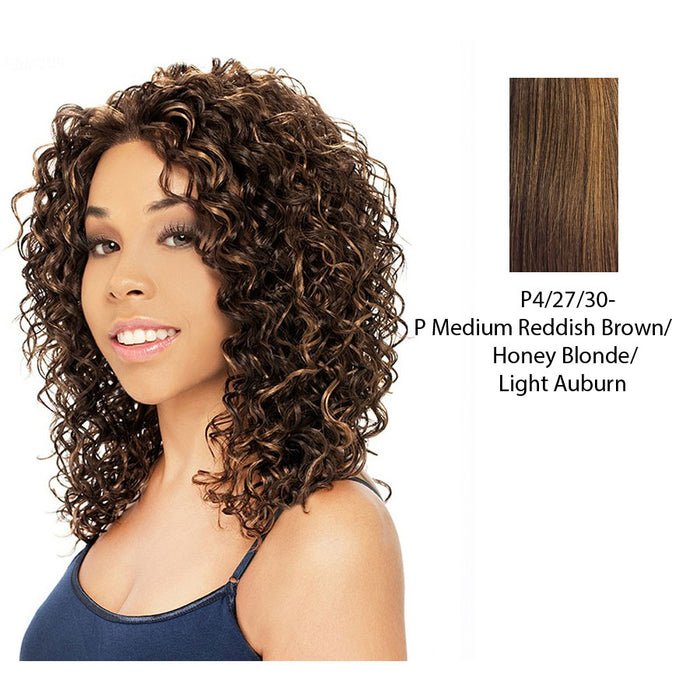 Synthetic Premium Long Layered Lace Front Wig Famous,Streaked blend of medium brown, strawberry blonde, and light auburn